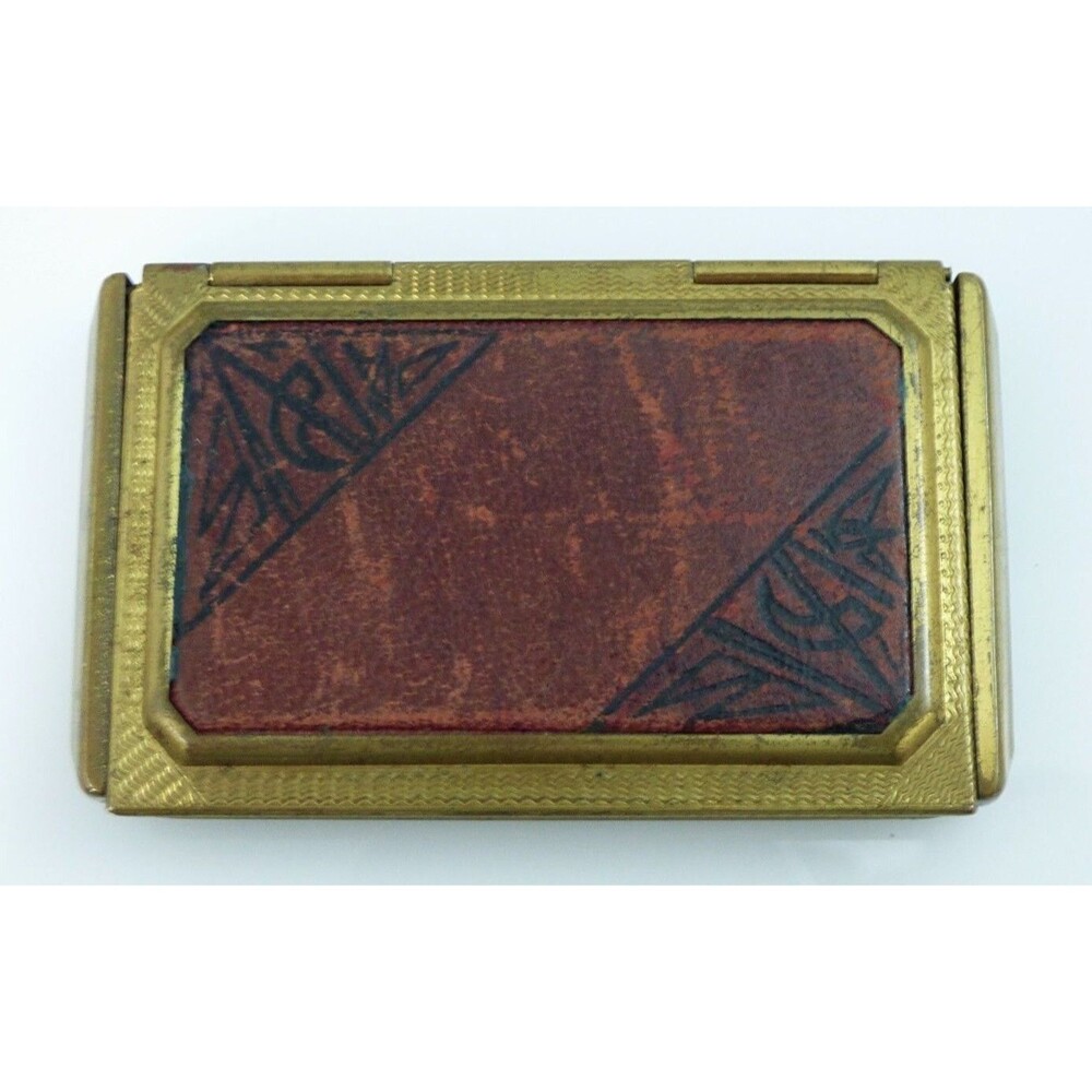 Charmant Compact Powder Rouge Leather Top Rectangle Gold Tone Mirror Vintage